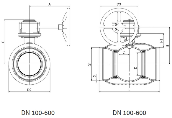 Кран газовый Навал приварной с редуктором DN 100-600 - схема